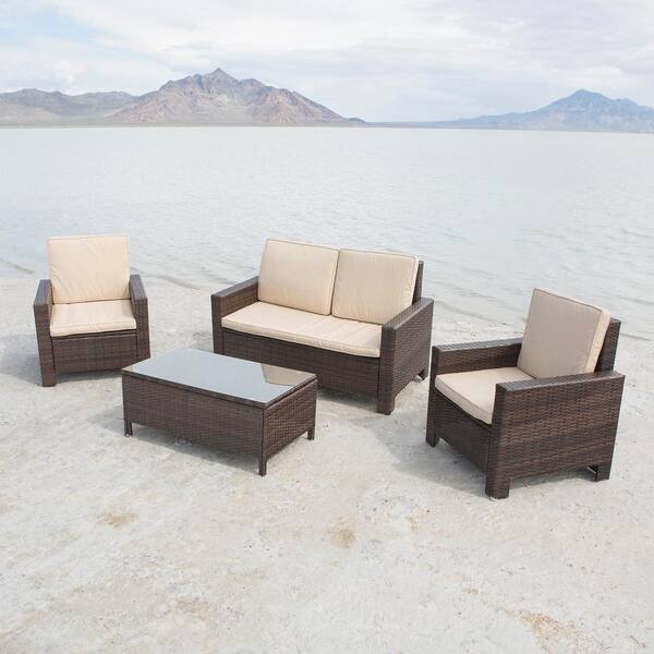 Walker Edison Furniture Company Bordeaux Brown 4-Piece Wicker Patio Conversation Set with White Cushions