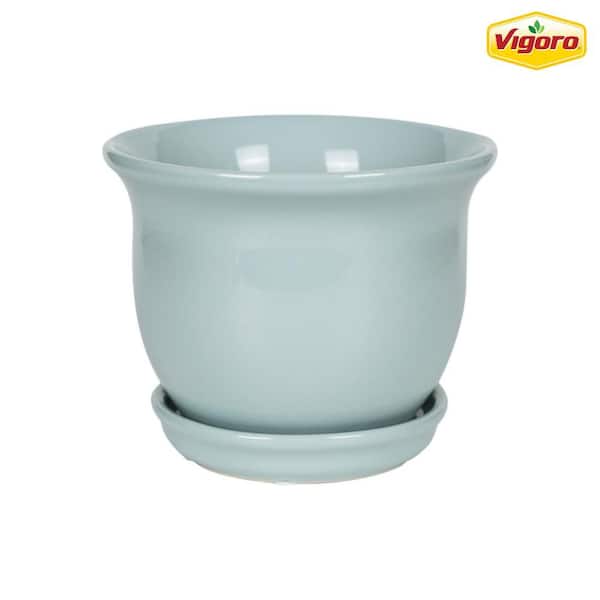 Vigoro 6.1 in. Coralie Small Seabreeze Blue Ceramic Planter (6.1 in. D x 4.9 in. H) with Drainage Hole and Attached Saucer