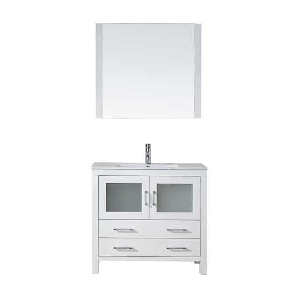 Virtu USA Dior 36 in. W Bath Vanity in White with Ceramic Vanity Top in Slim White Ceramic with Square Basin and Mirror
