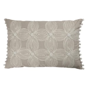 Eden Handmade Beige/Ivory Floral Cotton 16 in. x 24 in. Indoor Throw Pillow