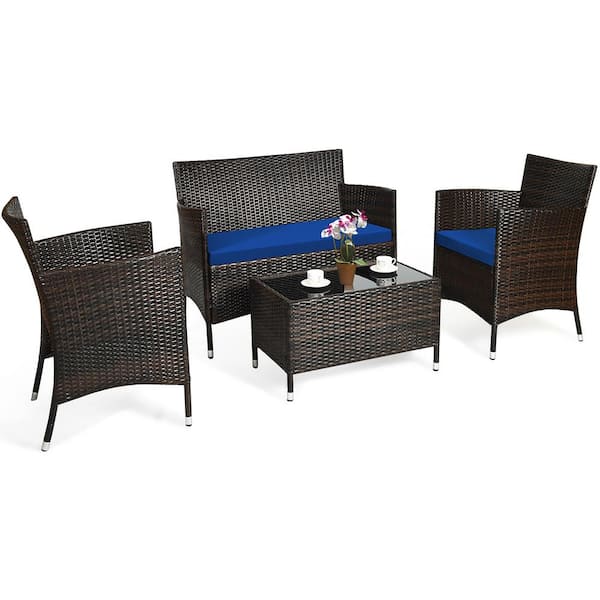 Costway 4-Piece Rattan Patio Furniture Set Cushioned Sofa Chair Coffee Table Navy