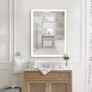 28 in. W x 36 in. H Rectangular Aluminum Framed Wall Mount Bathroom Vanity Mirror in Gold with LED Light Anti-Fog