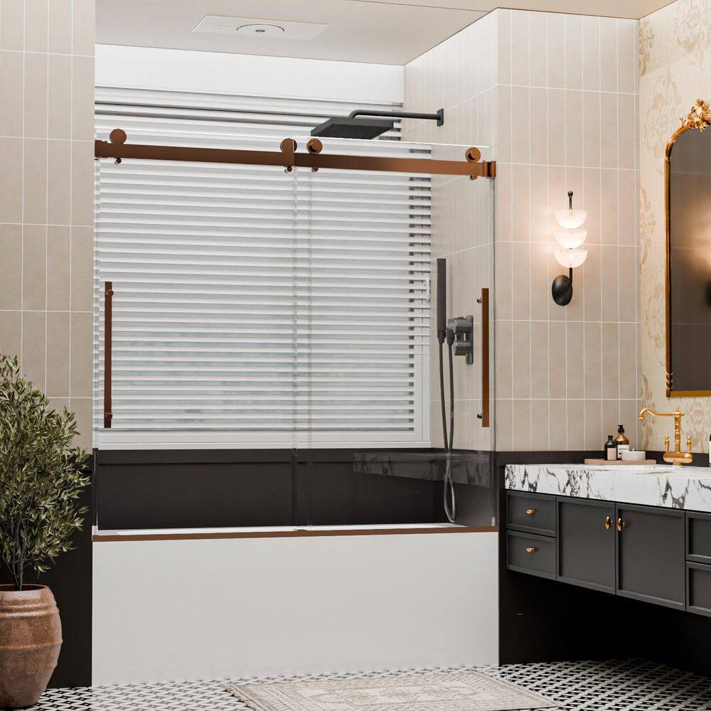 56 in. - 60 in. W x 60 in. H Double Sliding Frameless Tub Shower Door in Oil Rubbed Bronze with Gray Glass price history on PriceWatchPro