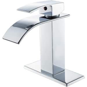 Modern Waterfall Single Handle Single Hole Bathroom Faucet with 1 or 3 Holes and Deck Plate in Chrome