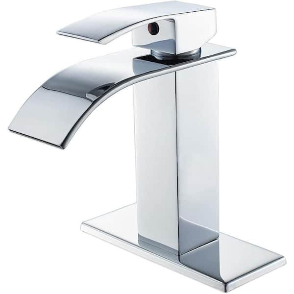 Lukvuzo Modern Waterfall Single Handle Single Hole Bathroom Faucet with 1 or 3 Holes and Deck Plate in Chrome