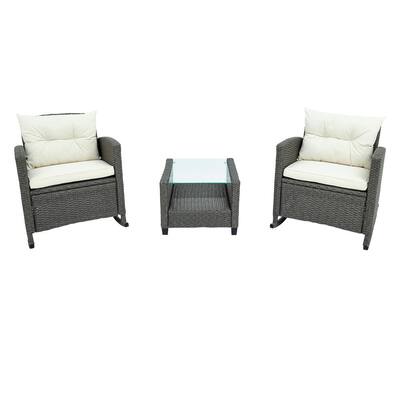 Modern Brown 3-Piece Wicker Rocking Outdoor Patio Conversation Furniture Set Sofa Set with Beige Cushions