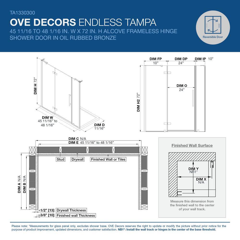 Tampa 48'' W 72'' H Oil Rubbed Bronze Frameless Shower Kit