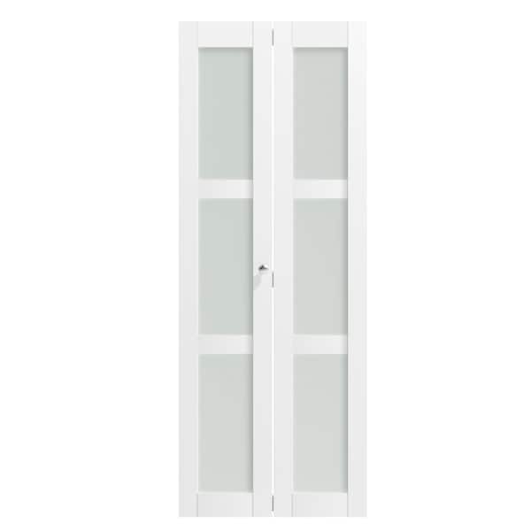 28 in x 80 in, 3 Lite, Frosted Glass, MDF, Solid Core, White, PVC Covering Bi-fold Door with All Hardware