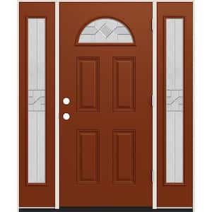 60 in. x 80 in. Left-Hand Fan Lite Decorative Glass Caldwell Mesa Red Fiberglass Prehung Front Door W/Sidelites