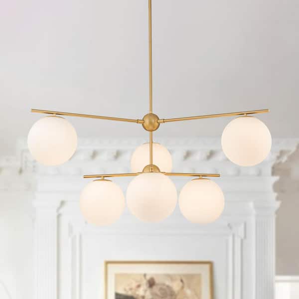 6-Light Brush Gold Mid Century Globe Chandelier Modern Hanging Light Fixture for Dining Room with White Glass Shade