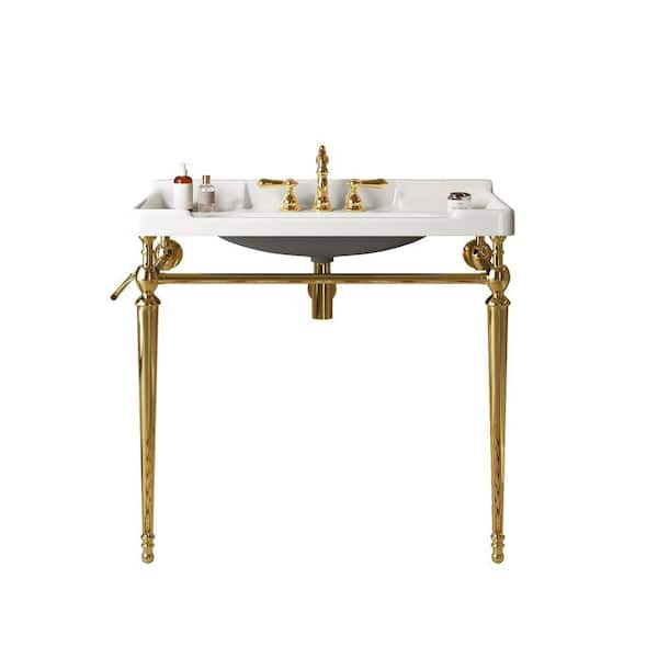 Baye 35.83 in. W Bathroom Ceramic Single Console Sink in White with Golden Stainless Steel Leg