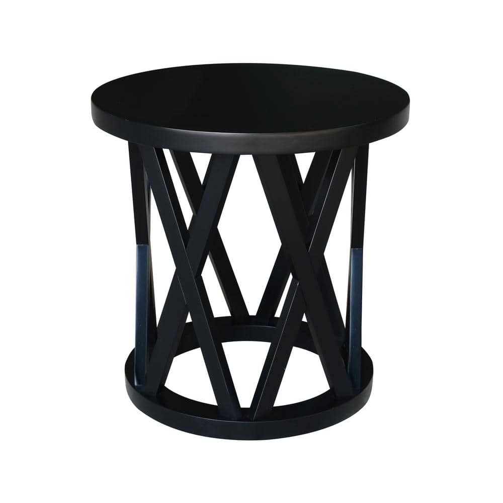 24" Black Solid Wood Round End Table with Geometric Base