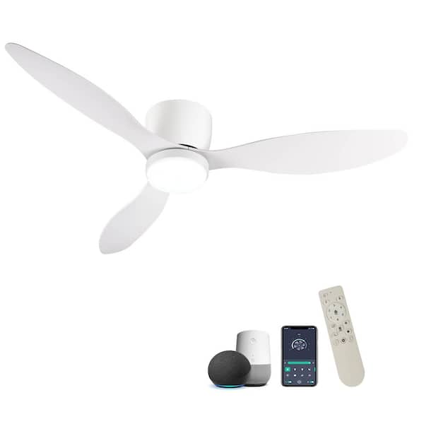 52 in. Smart Indoor Voice-Activated APP Remote Control White Flush Mount Ceiling Fan with 3-Color Dimmable LED Light