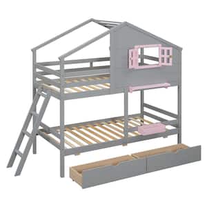 Gray Twin Over Twin House Bunk Bed with Window and 2-Drawers