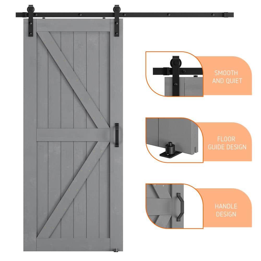 Gray Solid Wood Textured Sliding Barn Door Kit with Metal Hardware