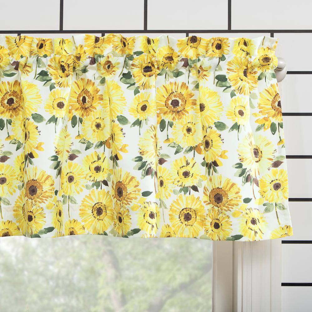 Yellow Sunflower Print Semi-Sheer Rod Pocket Kitchen Curtain Set