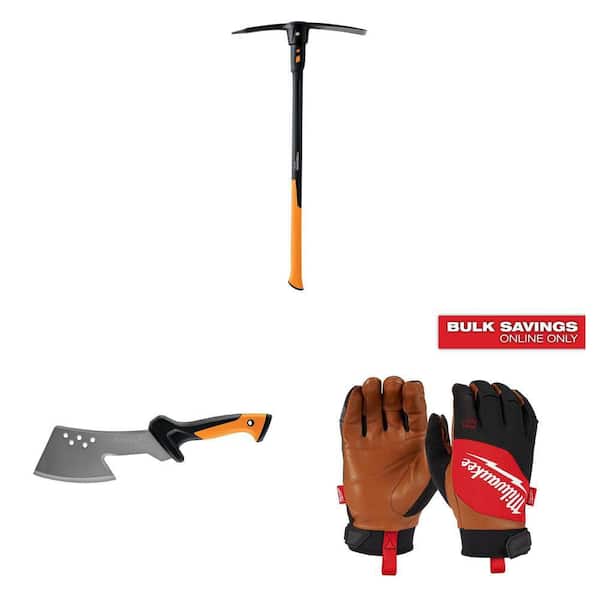 IsoCore 5 lbs. Steel Pick (36 in.), Steel Billhook Hatchet (18 in.) and Goatskin Leather Work Gloves Combo