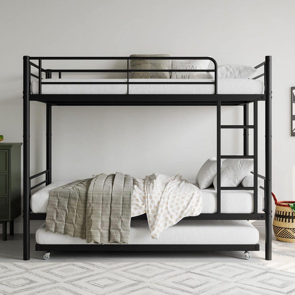 Modern Black Metal Twin Size Bunk Bed with Trundle, Heavy Duty, Noise Free, No Box Spring Needed, Full Guardrail price history on PriceWatchPro