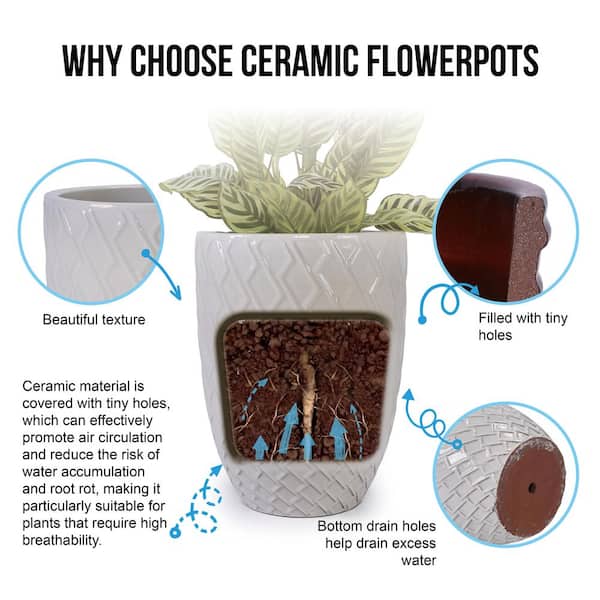 14.38 in. Round Milk White Ceramic Flower Pot with Drainage Hole-Frost and Weather Resistant