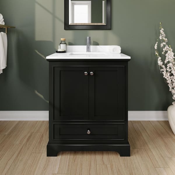 Wyndham Collection Deborah 30"W x 22"D Single Vanity in Dark Espresso w/ Cultured Marble Vanity Top in White w/ Basin & Med Cab