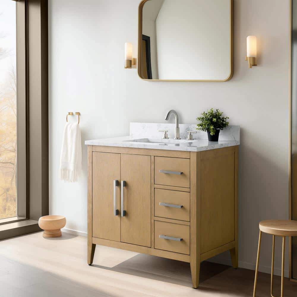 Natural Oak 36" Single Bathroom Vanity with Engineered Marble Top