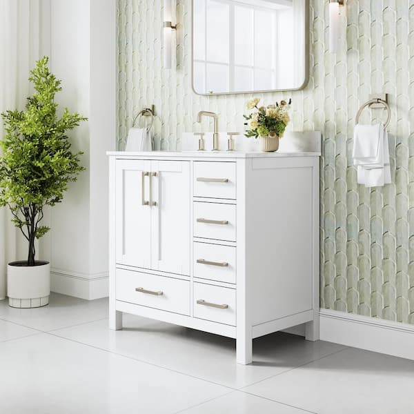 36 in. Freestanding White Solid Wood Bath Vanity with Durable Carrara White Cultured Marble Top, Soft-Close, Assembled