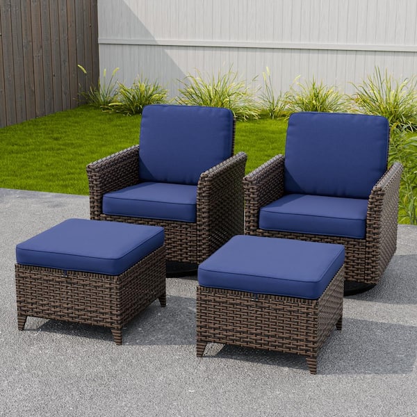 EAGLE PEAK 4-Piece Mix Brown Wicker Patio Conversation Set Wide Armrest Swivel Chair Set with Blue Cushions, Ottomans