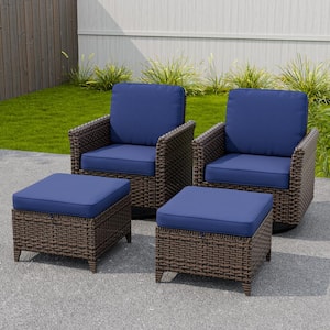 4-Piece Mix Brown Wicker Patio Conversation Set Wide Armrest Swivel Chair Set with Blue Cushions, Ottomans