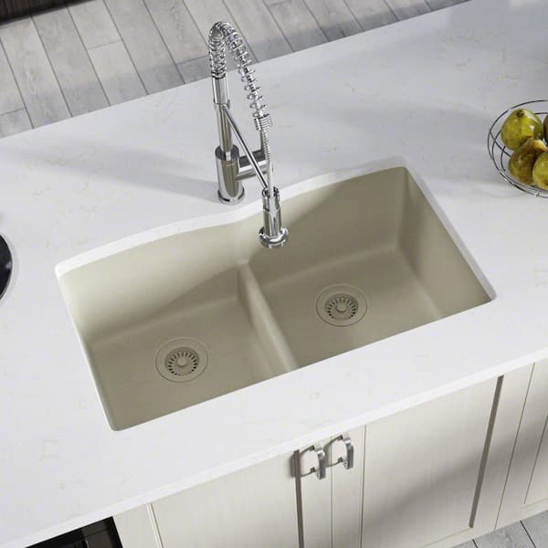 MR Direct Slate Quartz Granite 33 in. Double Bowl Undermount Kitchen Sink with Matching Strainers