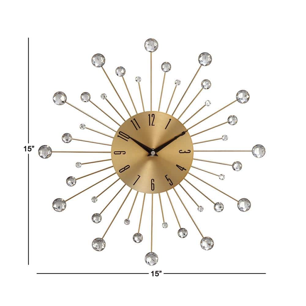 Gold Metal Starburst Wall Clock with Crystal Accents, 15"
