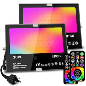 30W Black Plug-In Integrated LED Landscape Flood Light with Remote,120 Colors, 2700K Warm White, IP66 Waterproof, 2-Pack