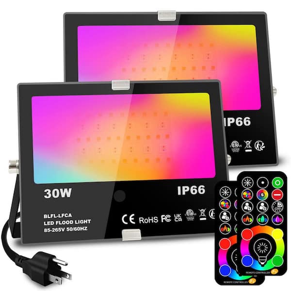 30W Black Plug-In Integrated LED Landscape Flood Light with Remote,120 Colors, 2700K Warm White, IP66 Waterproof, 2-Pack