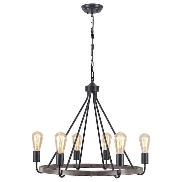 LWYTJO 6-Light Black and Imitation Wood Grain Traditional Chandelier Wagon Wheel Chandelier for Kitchen Island