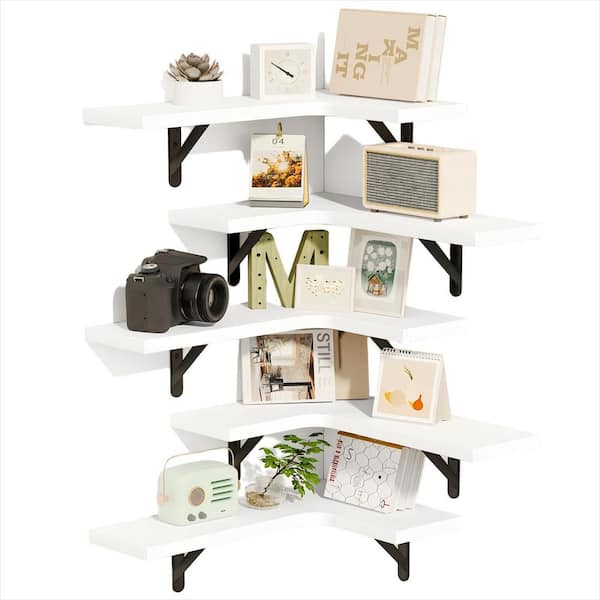 5.5 in. D x 11.4 in. W x 16.1 in. H Rustic Wood Wall Mounted Corner Shelf, Floating Shelves for Wall, White (5-Pack)