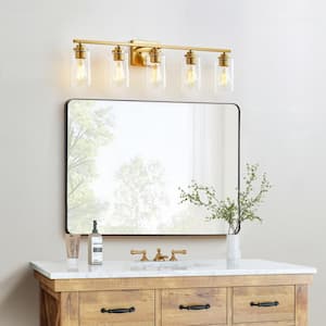 35 in. 5-Antique Brass Vanity Light with Clear Glass Shade
