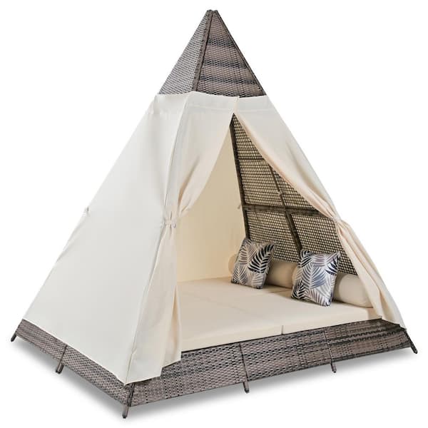 FIROMO Tent Shape Brown Wicker Outdoor Day Bed with Tent Canopy, Adjustable Feet, Beige Cushions and Colorful Pillows