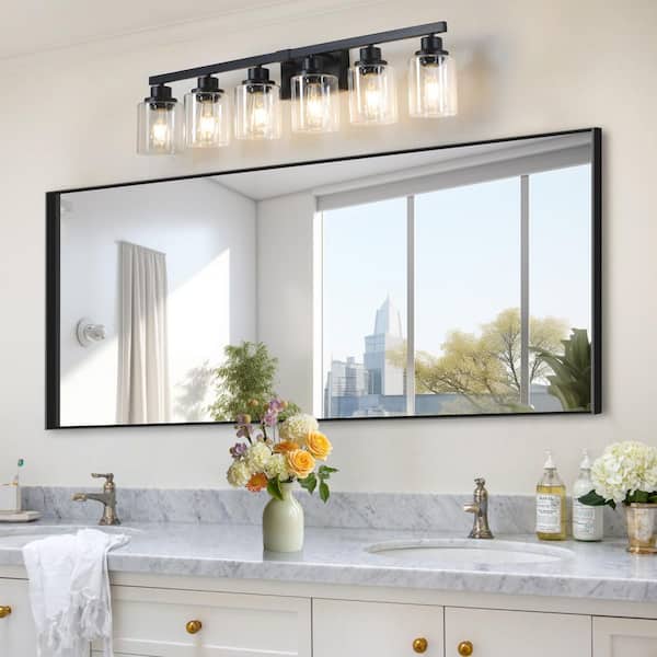 37 in. W 6-Lights Bathroom Wall Sconce Vanity Lighting Fixture, Black, E26, No Bulbs Included