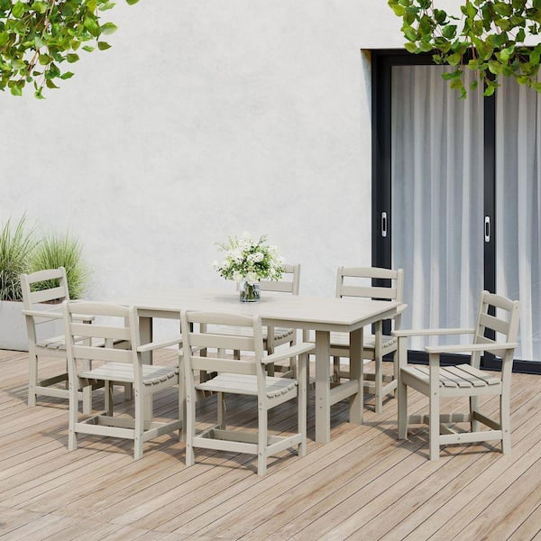 Shoreside 7-Piece All Weather HDPE Plastic Outdoor Patio Dining Set w/ Armchairs, Sand