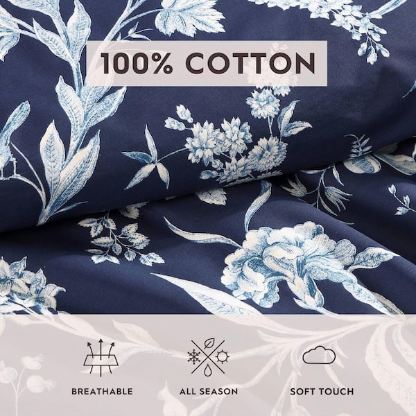 Laura Ashley Branch Toile 7-Piece Blue Cotton Bonus Full/Queen Comforter Set  USHS8K1240416 - The Home Depot