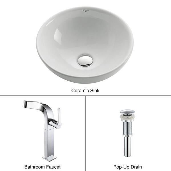 KRAUS Soft Round Ceramic Vessel Sink in White with Typhon Faucet in Chrome
