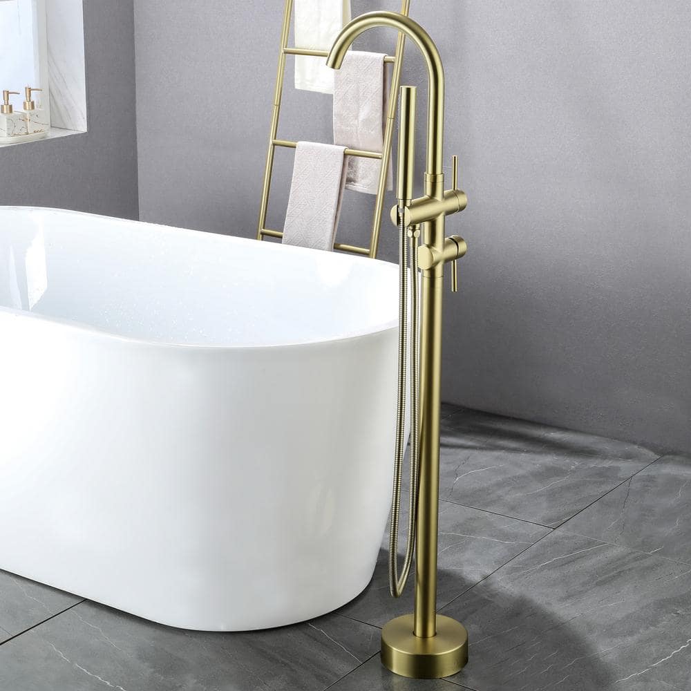 Brushed Gold Double Handle Floor Mount Tub Filler