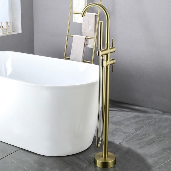 Freestanding Floor Mount 2-Handle Bath Tub Filler Faucet with Handheld Shower in Brushed Gold