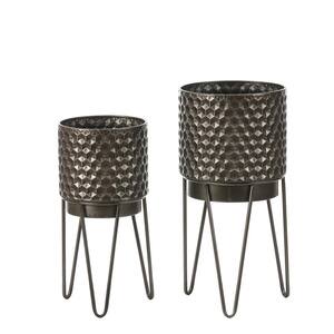 Brown Metal Honeycomb Cachepot Planters with Brown Metal Stands (2-Pack)