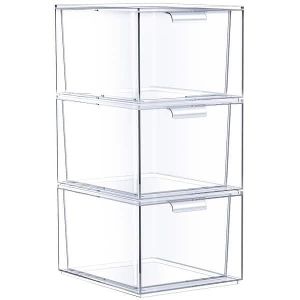Stackable Acrylic Drawers, Freestanding Container with Handles in Clear, Clear Make Up Organizers for Vanity  (3-Pack)