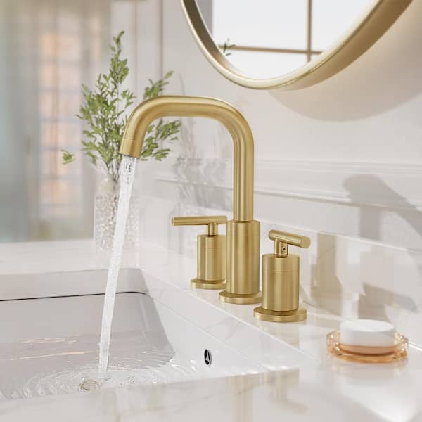 8 in. Wide spread 2-Handle Bathroom Faucets, Brushed Gold Bathroom Sink Faucet with Valve and Metal Pop-Up Drain