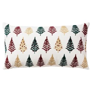 Holiday Ivory/Multi-Color Christmas Trees Cotton 26 in. x 14 in. Poly Filled Decorative Throw Pillow
