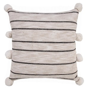 Modern Beige / White / Black 20 in. x 20 in. Farmhouse Striped Throw Pillow with Pom Poms