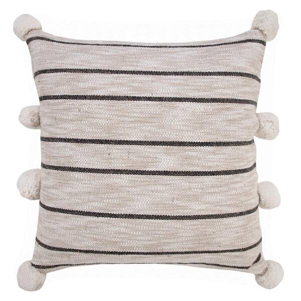 LR Home Modern Beige / White / Black 20 in. x 20 in. Farmhouse Striped Indoor Throw Pillow with Pom Poms