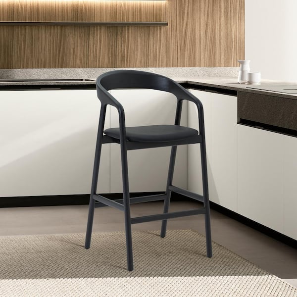 Armen Living Apache 28 in. Black Open Back Oak Wood Bar Stool with Faux Leather Seat