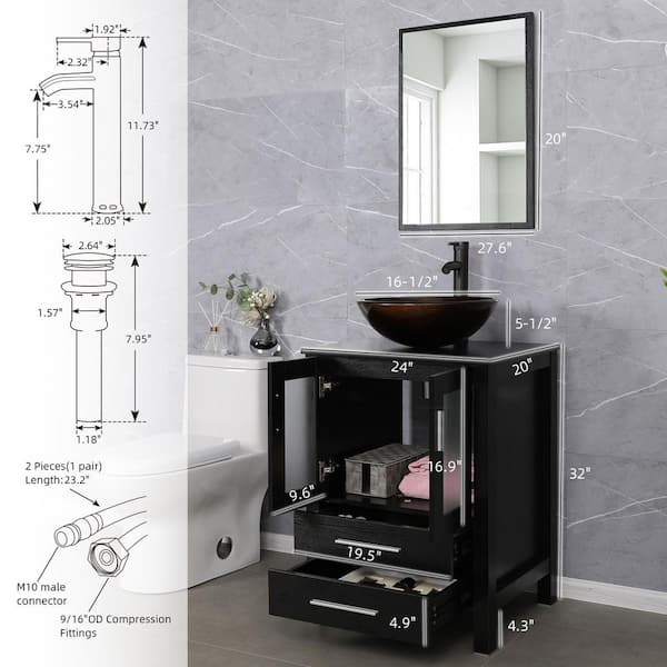 24 in. W x 20 in. D x 32 in. H Single Sink Bath Vanity in Black with Brown Glass Vessel Sink Top ORB Faucet Set